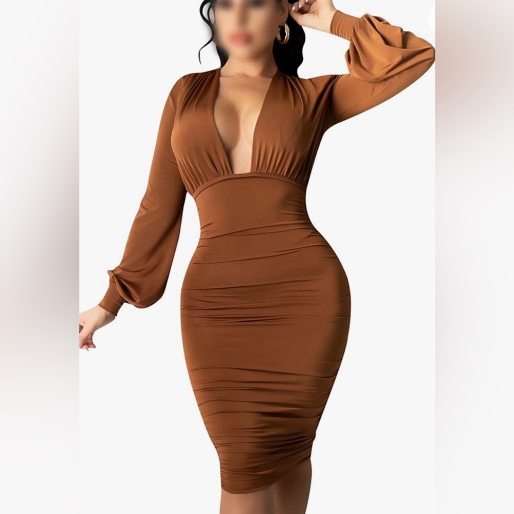 PuiLean Sexy Deep V Neck Dress Bodycon Ruched Long Sleeve Pencil Midi Dresses